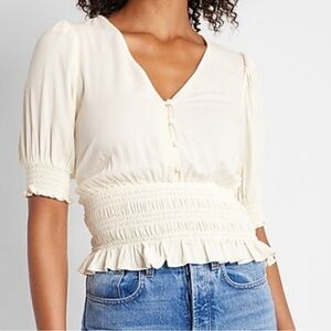 Express V-Neck Button Front Smocked Waist Top Cream Blouse